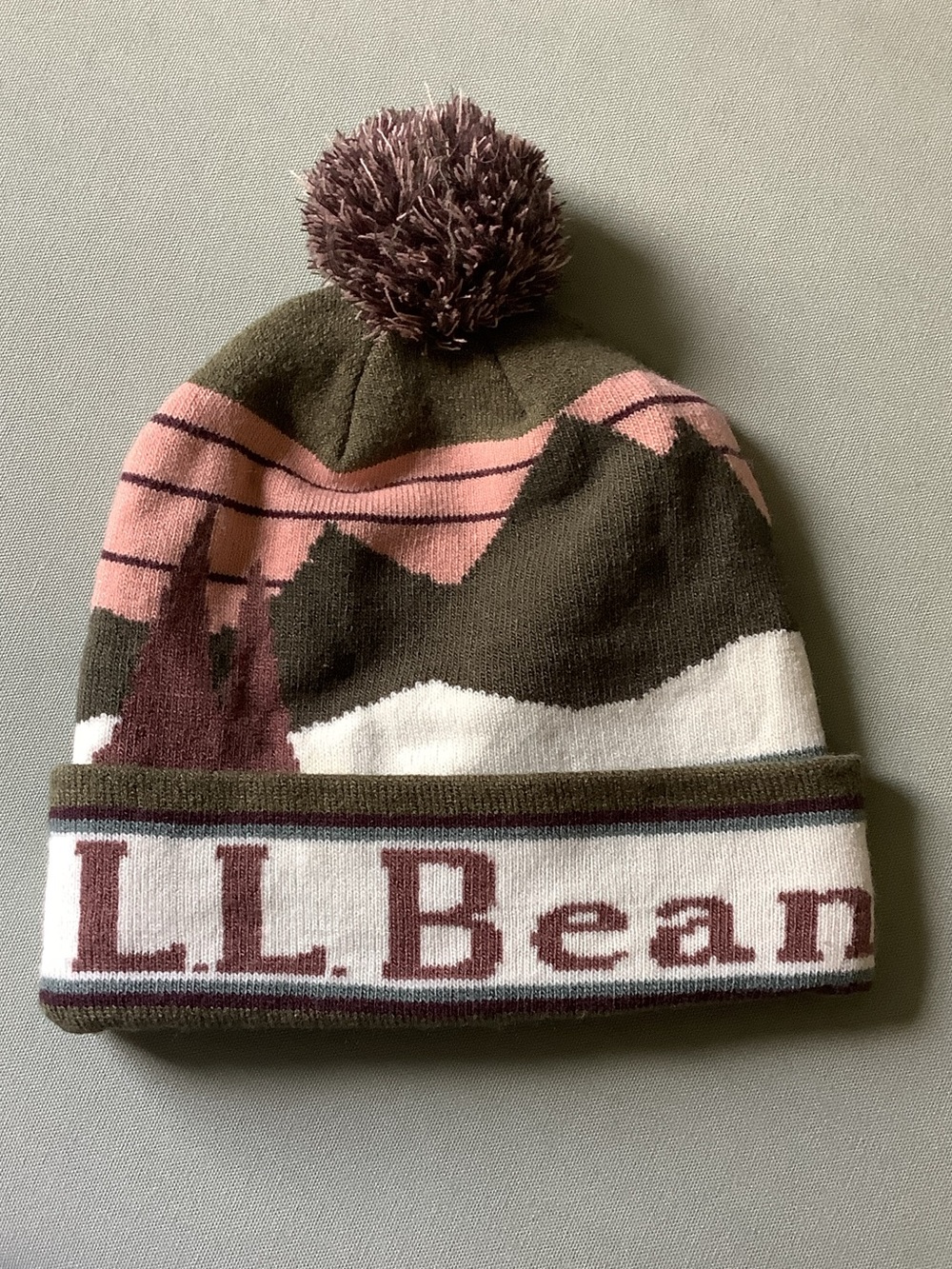 L.L. Bean unisex Mountain Pom Beanie in Olive, Pink, White and Brown